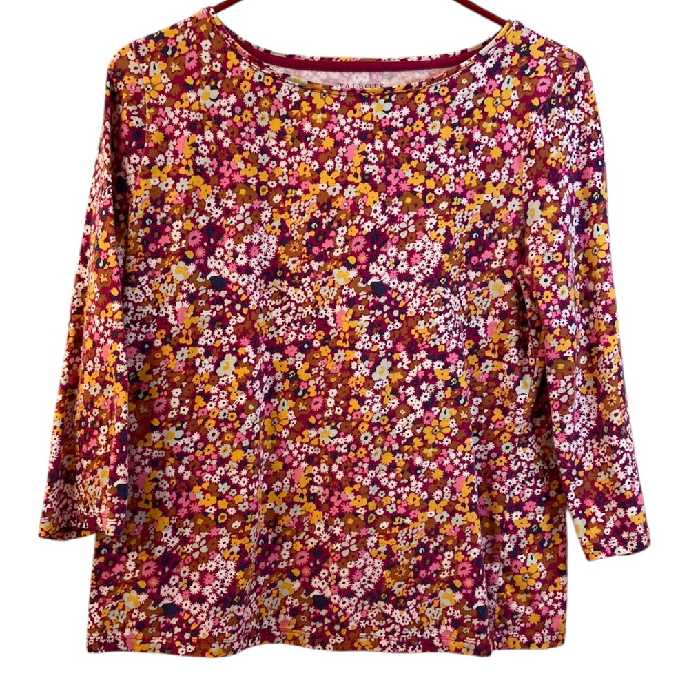 Talbots Petite Jersey Top Floral Pink Brown Yellow White 3/4 Sleeves WM SZ LP